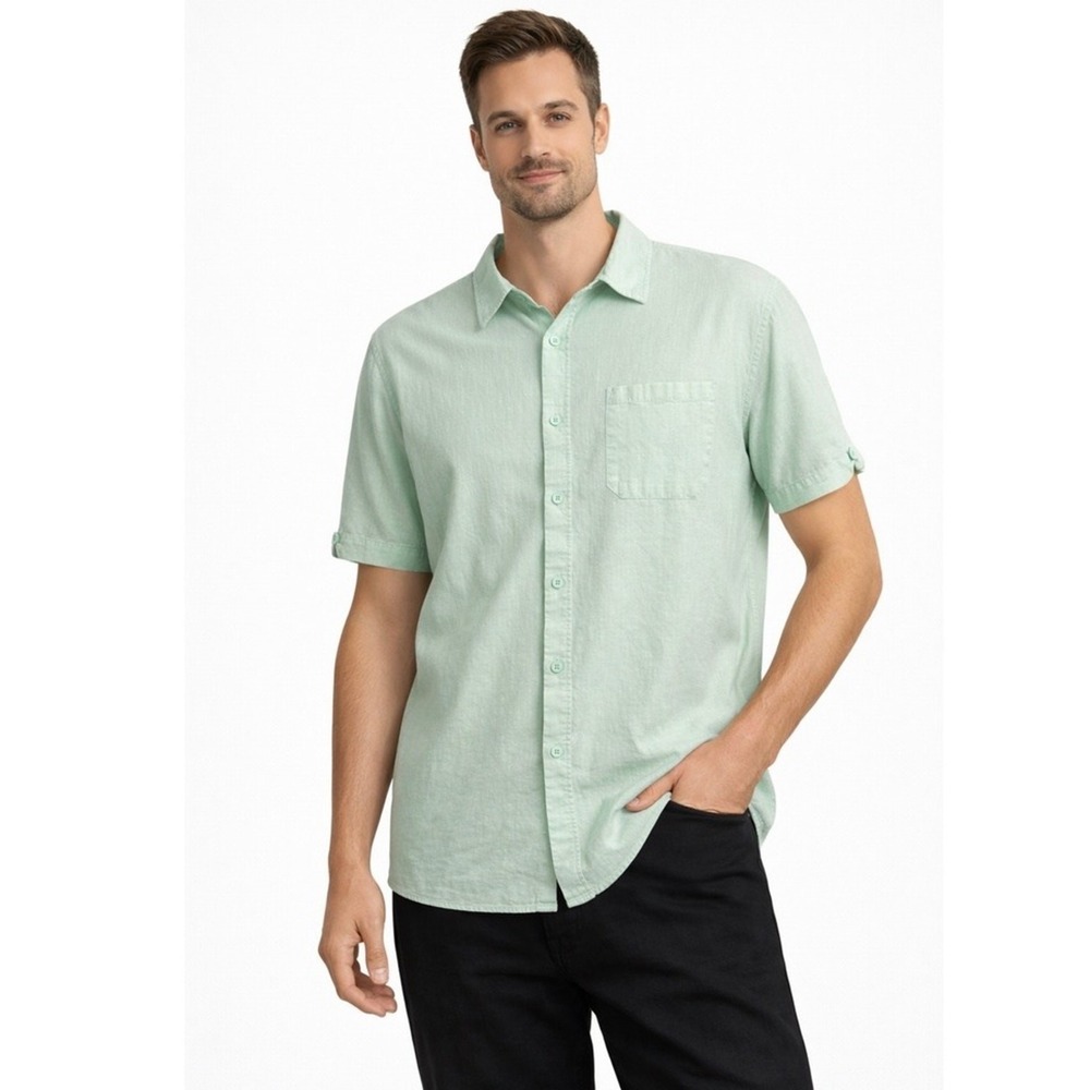 Linen Blend Shirt Mens XL Light Green Short Sleeve Button Up Shirt Casual Summer